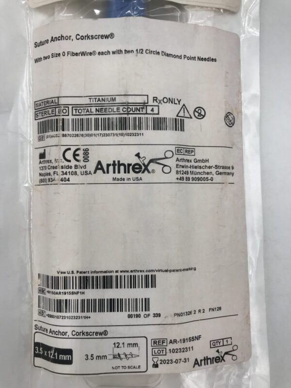 Arthrex AR-1915SNF Suture Anchor Corkscrew 3.5 x 12.1mm (X)
