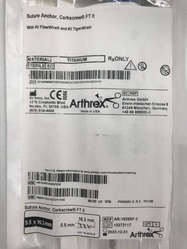 Arthrex AR-1928SF-2 Suture Anchor Corkscrew 3.5 x 12.1mm (X)