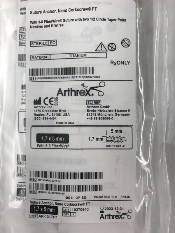 Arthrex AR-1317FT Suture Anchor Corkscrew FT 1.7 x 5mm (X)