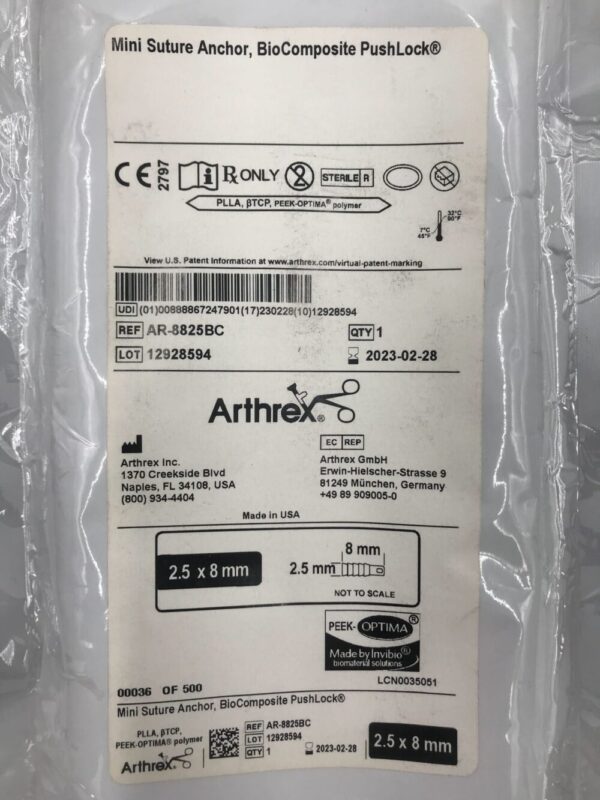 Arthrex AR-8825BC Mini Suture Anchor BioComposite  PushLock 2.5 x 8mm (X)