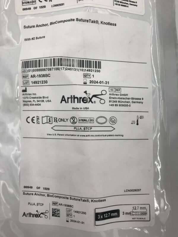 Arthrex AR-1938BC Suture Anchor BioComposite SutureTak Knotless with #2 Suture 3 x 12.7mm (X)