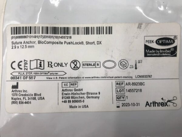 Arthrex AR-8923BC Suture Anchor BioComposite Pushlock Short DX 2.9 x 12.5mm (X)
