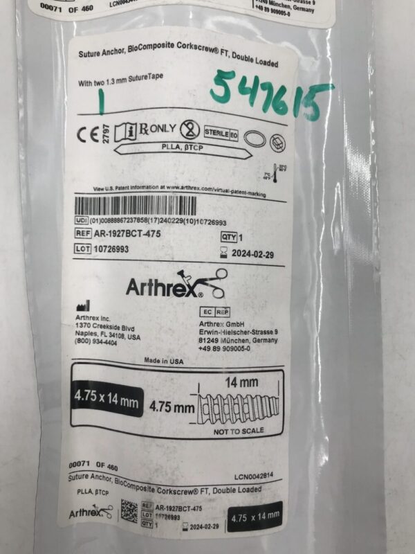 Arthrex AR-1927BCT-475 Suture Anchor BioComposite Corkscrew FT Double Loaded 4.75 x 14mm (X)