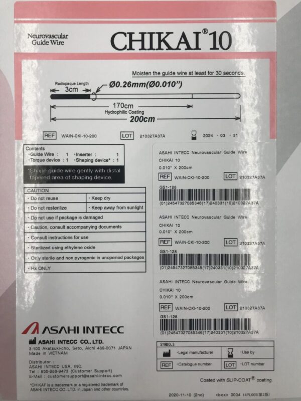 Asahi Intecc WAIN-CKI-10-200 Neurovascular Guide Wire Chikai 10 (0.010" x 200cm) (X)