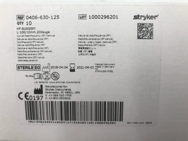 Stryker 0406-630-125 Curved Radiofrequency (RF) Cannula HF-Surgery L:100/10mm, 20G (10/Box) (X)
