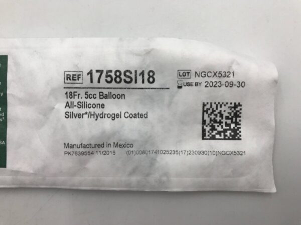 Bard 1758SI18 Lubri-Sil I.C. Anti-Microbial All-Silicone Foley Catheter 18Fr. 5cc Balloon (X)