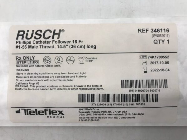 Teleflex 346116 Rusch Philips Catheter Follower 16Fr #1-56 Male Thread 14.5″ (36cm) Long (X)
