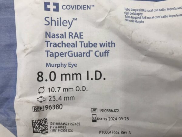Covidien 96380 Shiley Nasal RAE Tracheal Tube with TaperGuard Cuff Murphy Eye 8.0mm I.D.