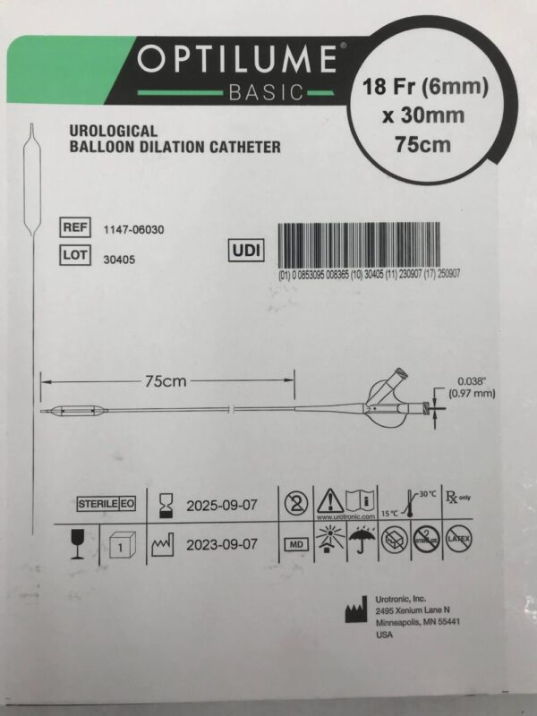 Urotronic 1147-06030 Optilume Basic Urological Balloon Dilation Catheter 18Fr (6mm) x 30mm 75cm