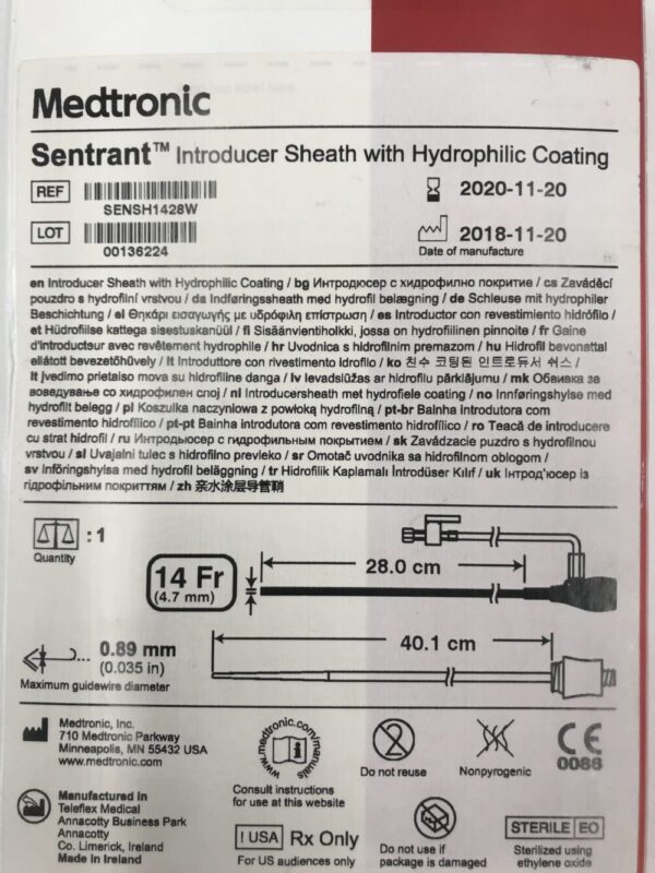 Medtronic SENSH1428W Sentrant Introducer Sheath with Hydrophilic Coating 14Fr (X)