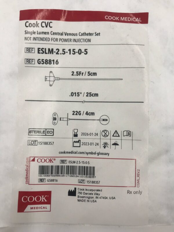 COOK G58816 CVC Single Lumen Central Venous Catheter Set 2.5F/5cm