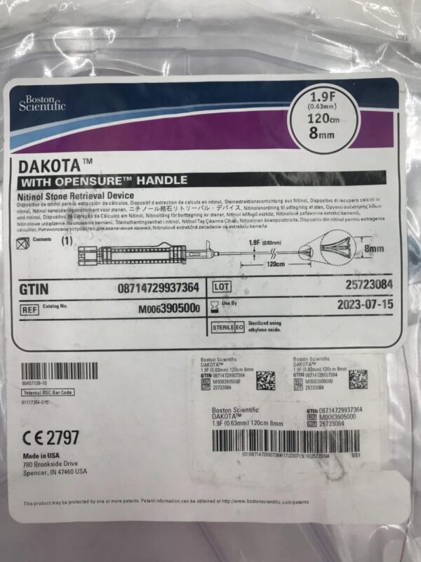 BOSTON SCIENTIFIC 390500 DAKOTA Nitinol Stone Retrieval Device w/ Openture Handle 1.9F x 120cm x 8mm (X)
