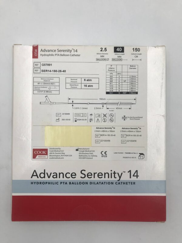 COOK G57891 OTW Advance Serenity 14 Hydrophilic PTA Balloon Catheter 2.5mm x 40mm x 150cm (X)