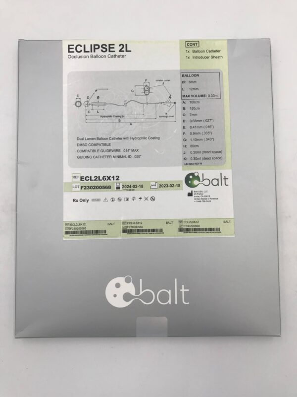 BALT ECL2L6X12 ECLIPSE 2L Occlusion Dual Lumen Balloon Catheter w/ Hydrophilic Coating 160cm x 6mm x 12mm (X)