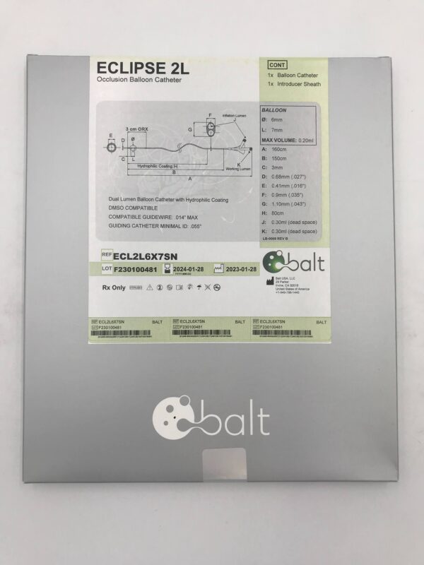 BALT ECL2L6X7SN ECLIPSE 2L Occlusion Dual Lumen Balloon Catheter w/ Hydrophilic Coating 160cm x 6mm x 7mm (X)
