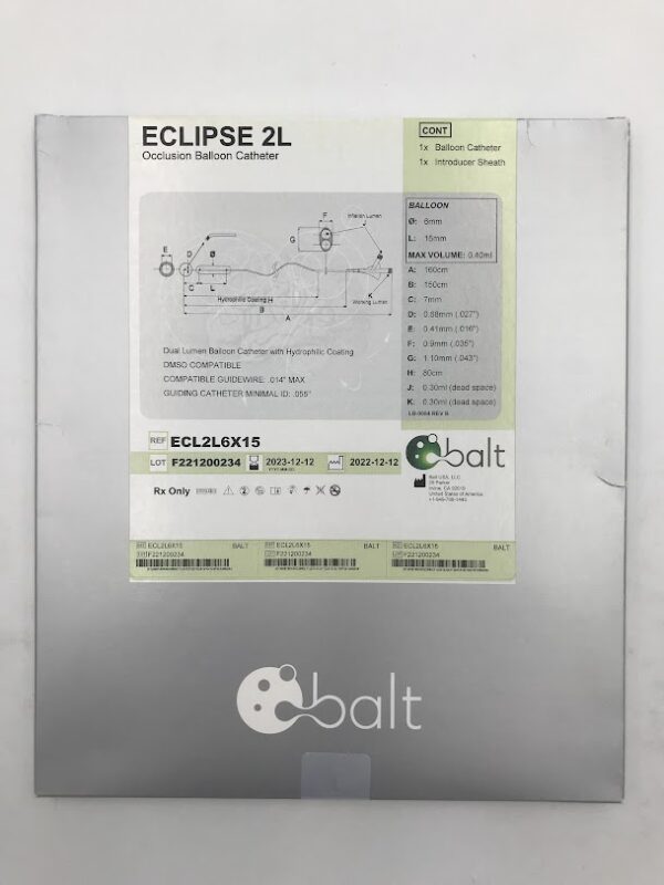 BALT ECL2L6X15 ECLIPSE 2L Occlusion Dual Lumen Balloon Catheter w/ Hydrophilic Coating 160cm x 6mm x 15mm (X)