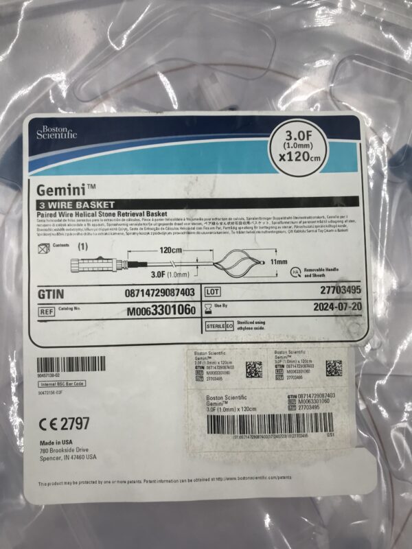 BOSTON SCIENTIFIC 330106 Gemini 3 Wire Basket Paired Wire Helical Stone Retrieval Basket 3F x 120cm (X)