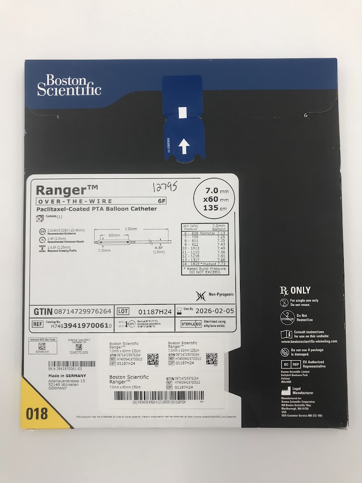 BOSTON SCIENTIFIC 3941970061 Ranger OTW Paclitaxel-Coated PTA Balloon Catheter 6F x 7x60mm x 135cm (X)