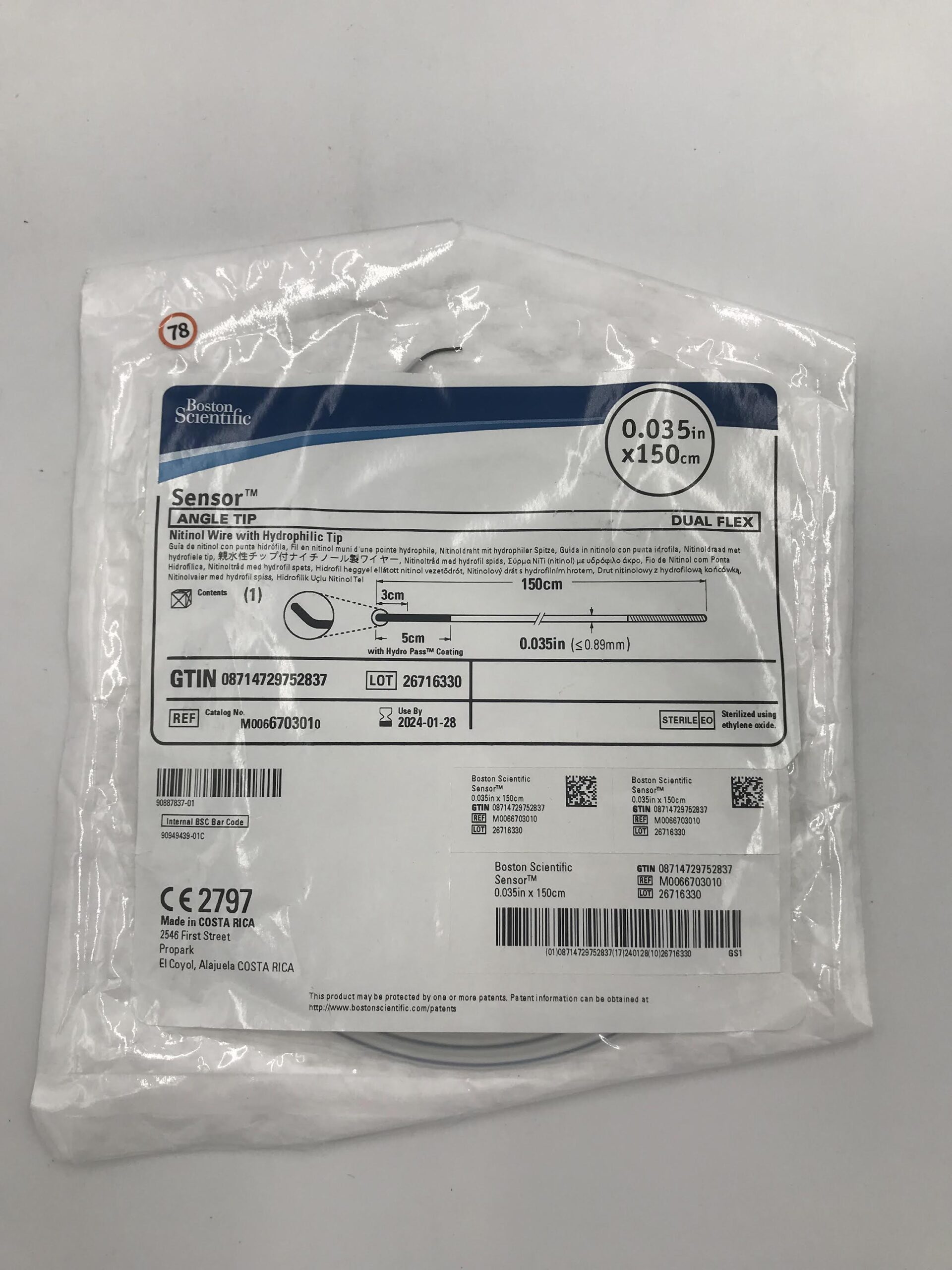 BOSTON SCIENTIFIC 670301 Sensor Angle Tip, Dual Flex Nitinol Wire w/ Hydrophilic Tip 0.035in x 150cm (X)