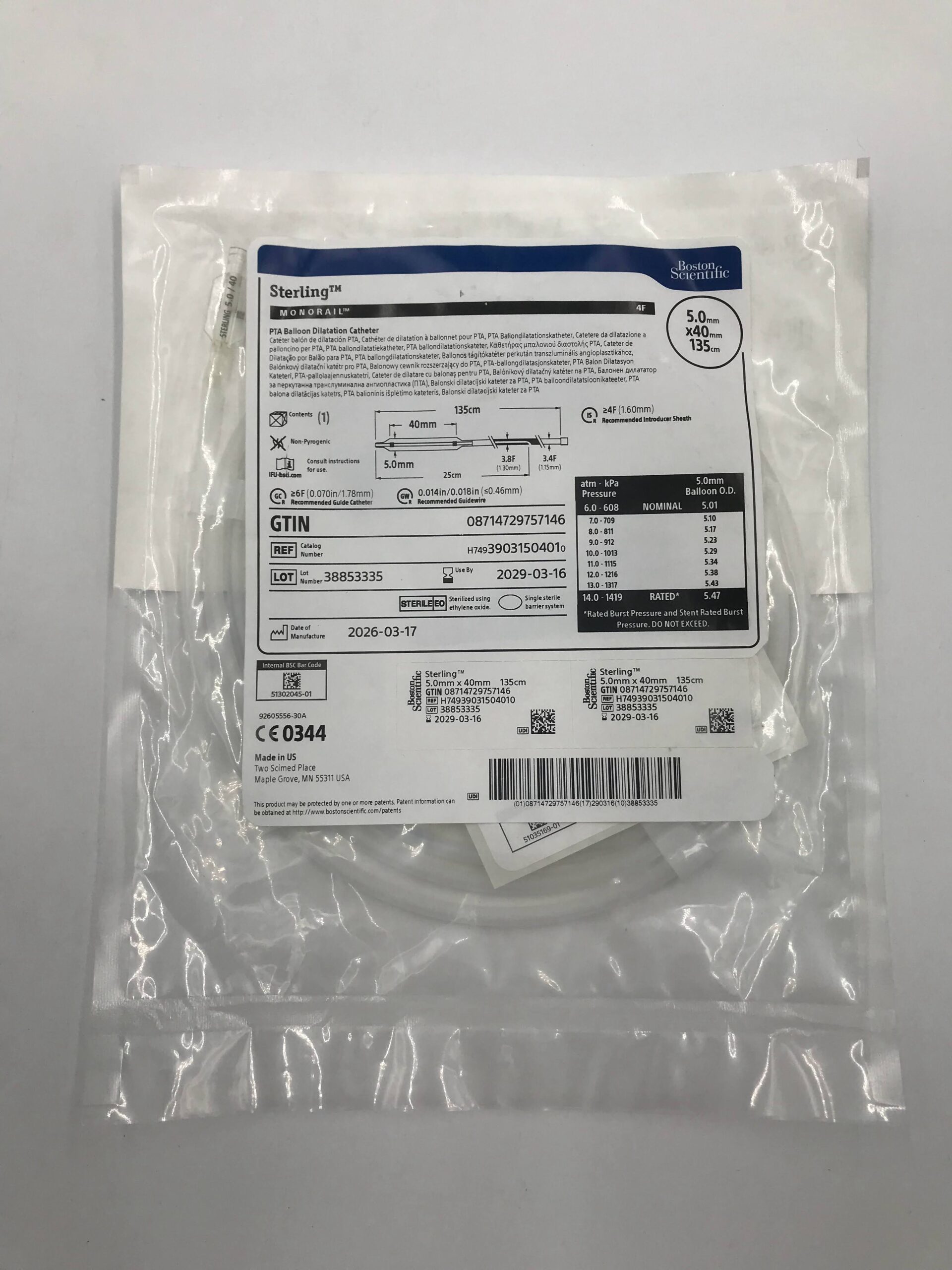 BOSTON SCIENTIFIC 3903150401 Sterling Monorail PTA Balloon Dilatation Catheter 4F x 5x40mm x 135cm (X)