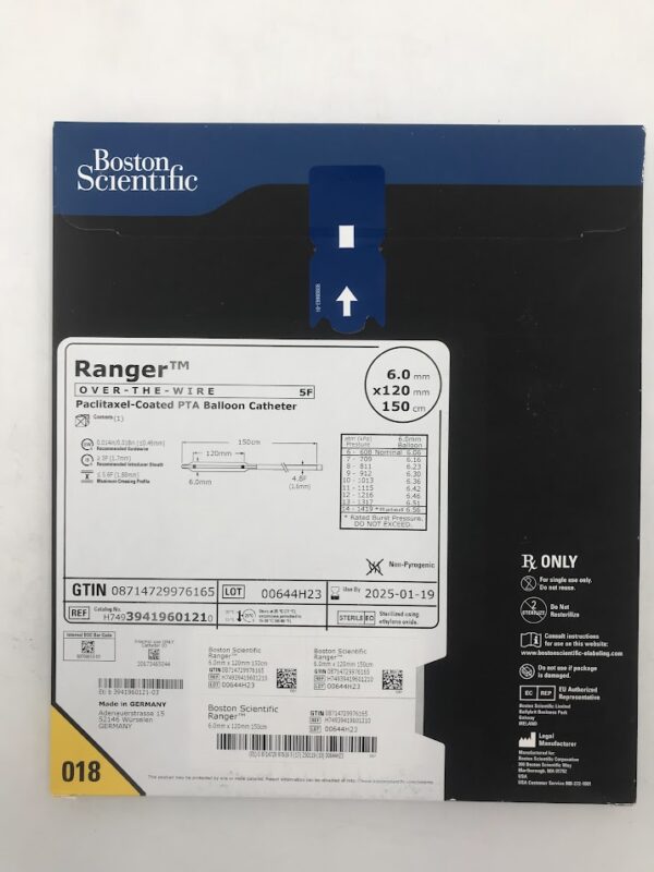 BOSTON SCIENTIFIC 3941960121 Ranger OTW Paclitaxel-Coated PTA Balloon Catheter 5F x 6x120mm x 150cm(X)