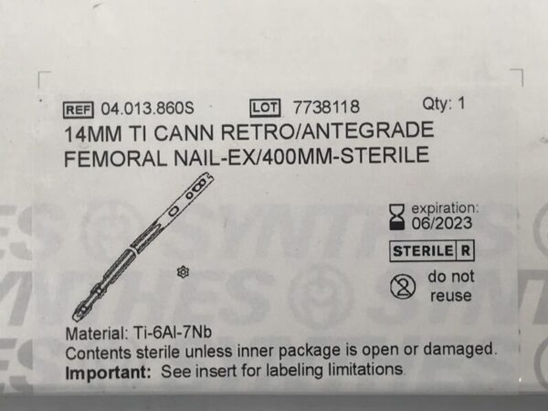 SYNTHES 04.013.860S Ti Cann Rerto/Antegrade Femoral Nail 14mm x 400mm (X)