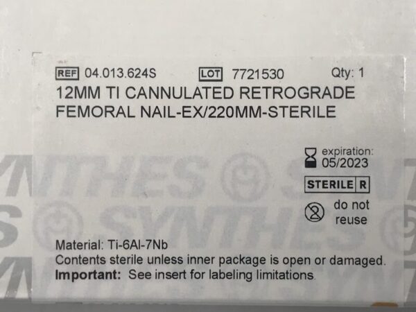 SYNTHES 04.013.624S Cannulated Retrograde Femoral Nail 12mm x 220mm (X)