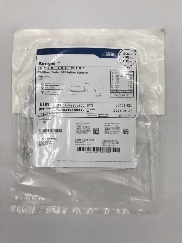 BOSTON SCIENTIFIC 3941950081 Ranger OTW Paclitaxel-Coated PTA Balloon Catheter 5F x 5x80mm x 135cm (X)