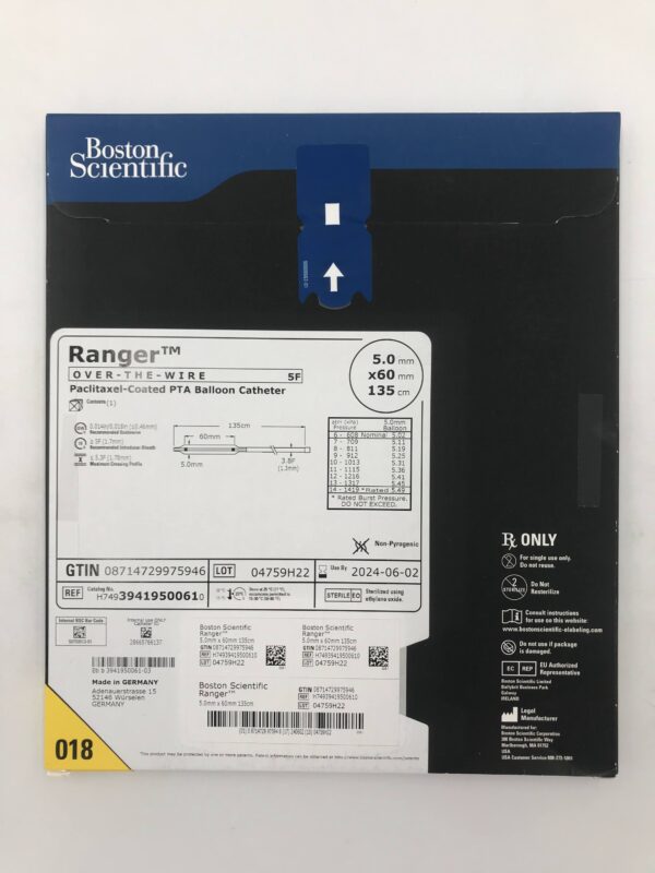 BOSTON SCIENTIFIC 3941950061 Ranger OTW Paclitaxel-Coated PTA Balloon Catheter 3.8F x 5x60mm x 135cm(X)