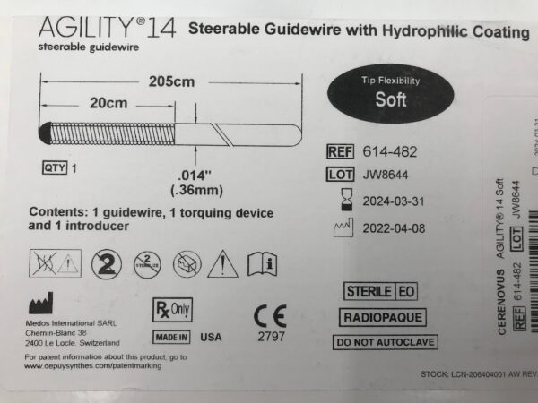 MEDOS 614-482 Cerenovus Agility 14 Steerable Guidewire with Hydrophilic Coating .014" (.36mm) 205cm (X)