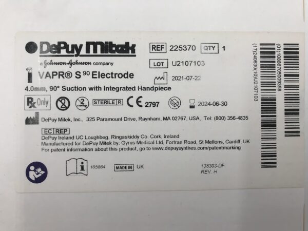 DEPUY MITEK 225370 Vapr S 90 Electrode 4.0mm 90° Suction w/Integrated Handpiece (X)
