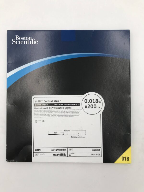 BOSTON SCIENTIFIC 46852 V-18 Control Wire Short Taper, Straight Tip (Shapeable) Guidewire w/ ICE Hydrophilic Coating 0.018in x 200cm(X)