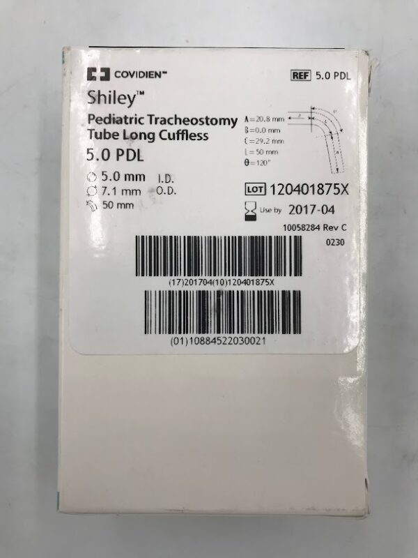 COVIDIEN 5.0 PDL Shiley Pediatric Tracheostomy Tube Long Cuffless 5.0mm I.D. 7.1mm O.D. (X)