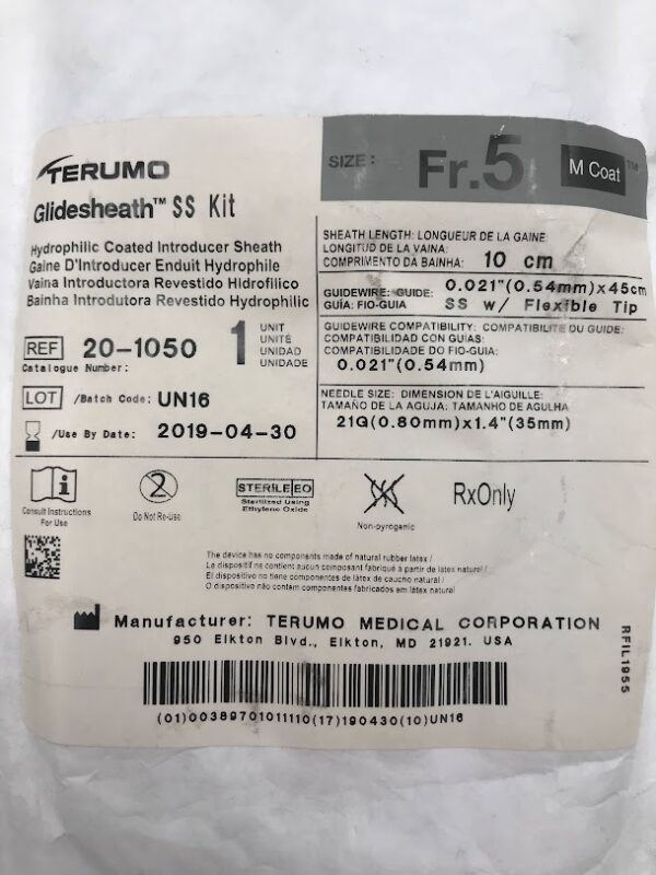 TERUMO 20-1050 Glidesheath SS Kit Hydrophilic Coated Introducer Sheath 5Fr x 10cm (X)