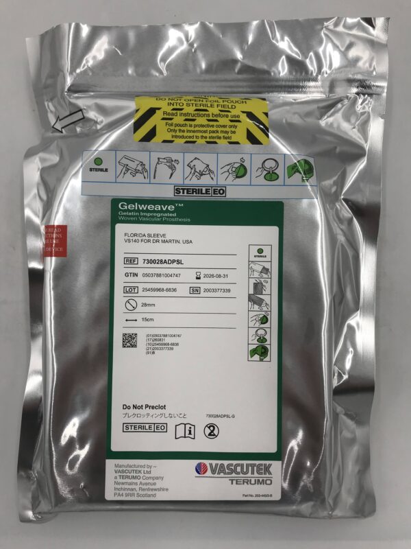 VASCUTEK 730028ADPSL Gelweave Gelatin Impregnated Woven Vascular Prosthesis 28mm x 15cm