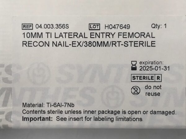 SYNTHES 04.003.356S Ti Lateral Entry Femoral Recon Nail-Ex RT 10mm x 380mm (X)