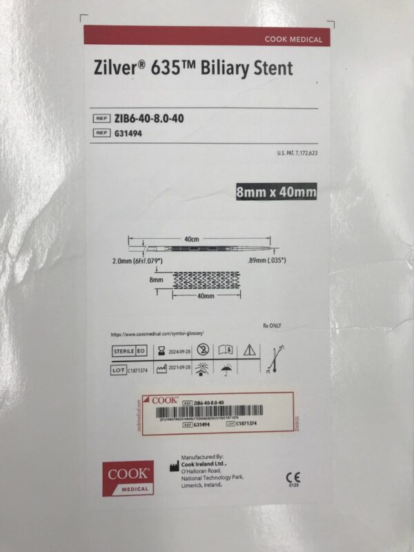 COOK G31494 Zilver 635 Biliary Self-Expanding Stent 8mm x 40mm (X)