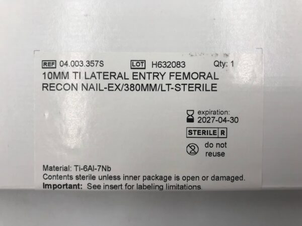 DEPUY SYNTHES 04.003.357S Ti Lateral Entry Femoral Recon Nail-Ex LT 10mm x 380mm