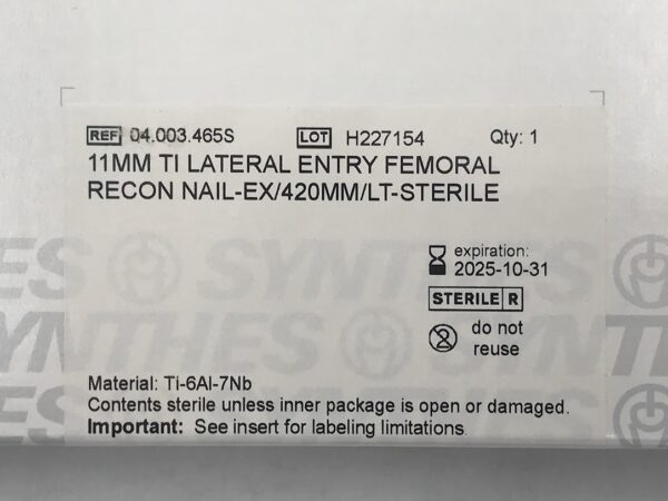 SYNTHES 04.003.465S Ti Lateral Entry Femoral Recon Nail-Ex LT 11mm x 420mm