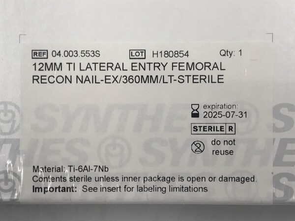 SYNTHES 04.003.553S Ti Lateral Entry Femoral Recon Nail-Ex LT 12mm x 360mm