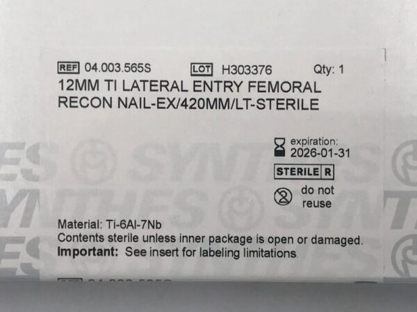 SYNTHES 04.003.565S Ti Lateral Entry Femoral Recon Nail-Ex LT 12mm x 420mm