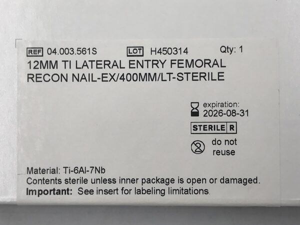 SYNTHES 04.003.561S Ti Lateral Entry Femoral Recon Nail-Ex LT 12mm x 400mm