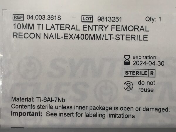 SYNTHES 04.003.361S Ti Lateral Entry Femoral Recon Nail-Ex LT 10mm x 400mm (X)