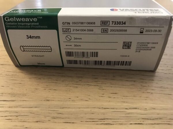 VASCUTEK 733034 Gelweave Gelatin Impregnated Woven Vascular Prosthesis Straight 34mm x 30cm (X)
