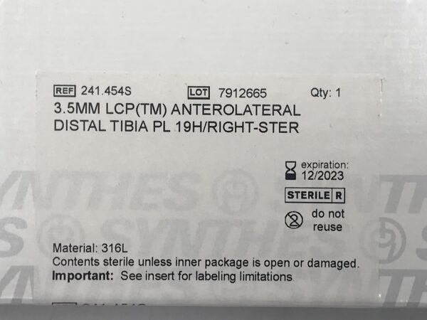 SYNTHES 241.454S LCP Anterolateral Distal Tibia PL RT 19 Hole/262mm (X)