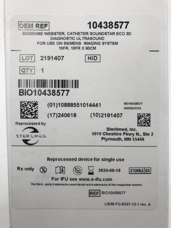 BIOSENSE WEBSTER 10438577 Soundstar 3D ECO, Diagnostic Ultrasound Catheter 10F x 90cm (REPROCESSED BY STERILMED) (X)