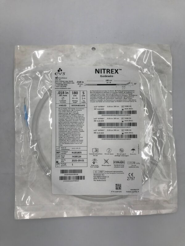 EV3 N181805 NITREX Peripheral and Coronary Angled, Intermediate Tip Guidewire 180cm