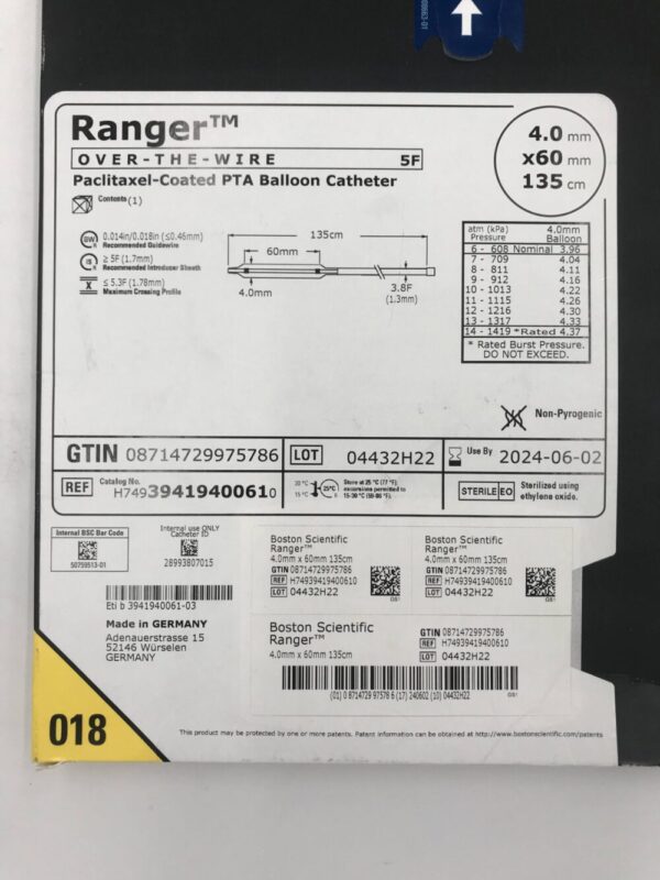 BOSTON SCIENTIFIC 3941940061 Ranger OTW Paclitaxel-Coated PTA Balloon Catheter 3.8F x 4x60mm x 135cm (X)
