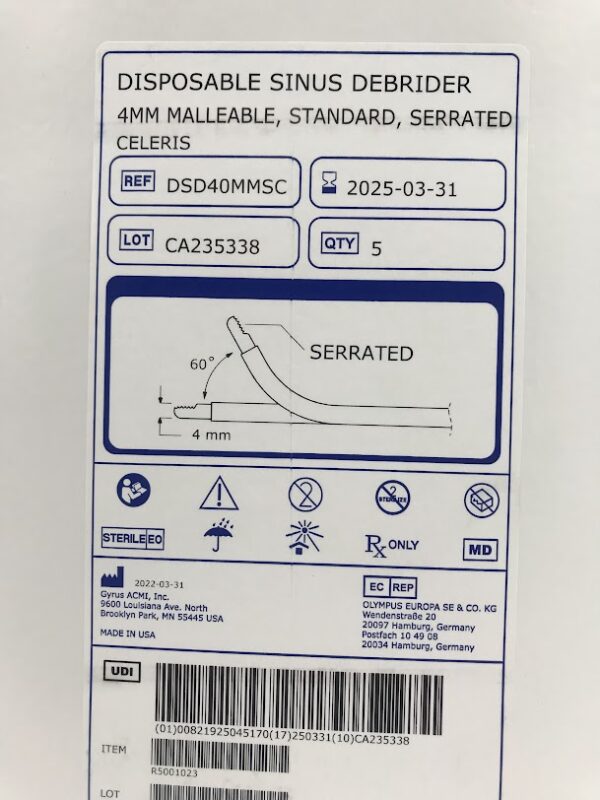 OLYMPUS DSD40MMSC Disposable Sinus Debrider Malleable, Standard, Serrated Celeris 4mm (5/Box)