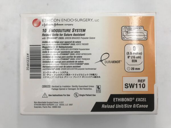 ETHICON SW110 Endosuture System Reload Units for Suture Assistant w/ Ethibond Excel Green Braided Polyester Suture 0, 20mm (10/Box)(X)